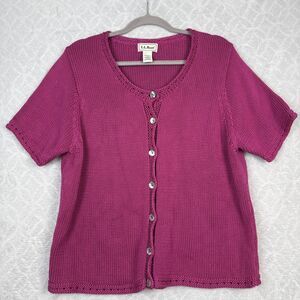 LL Bean Cardigan Sweater Womens XL Pink Short Sleeve Cottagecore Casual Preppy